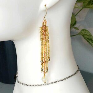 Gold Rush Citrine Beaded Fringe Dangle Earrings, Gemstone Jewelry 4"